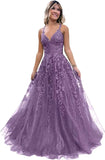 Women's Sparkly Tulle Lace Applique Prom Dresses 2025 Long Spaghetti Straps Formal Evening Gowns