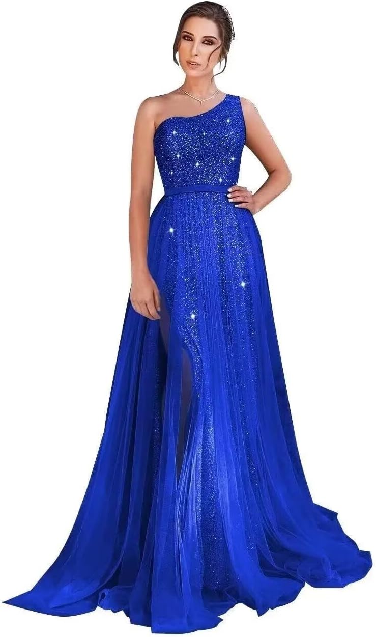 One Shoulder Sequin Prom Dress Long A-Line Tulle Formal Evening Gowns for Women 2027