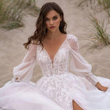 Long Sleeve Tulle Prom Evening Dresses Long Lace Applique A Line Ball Gown 2027