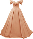 Off Shoulder Satin Prom Dresses for Women V-Neck Elegant A-Line Long Pleated Formal Evening Gown