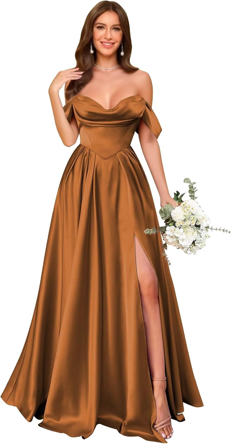 Off Shoulder Satin Bridesmaid Dresses Long Pleated Formal Dresses A Line Evening Gowns with Slit