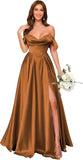Off Shoulder Satin Bridesmaid Dresses Long Pleated Formal Dresses A Line Evening Gowns with Slit
