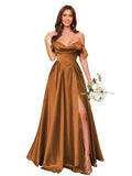 Off Shoulder Satin Bridesmaid Dresses Long Pleated Formal Dresses A Line Evening Gowns with Slit