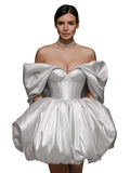 Off The Shoulder Short Wedding Dresses for Bride Puffy Satin Bridal Dresses w/Pockets Strapless Formal Ball Gowns