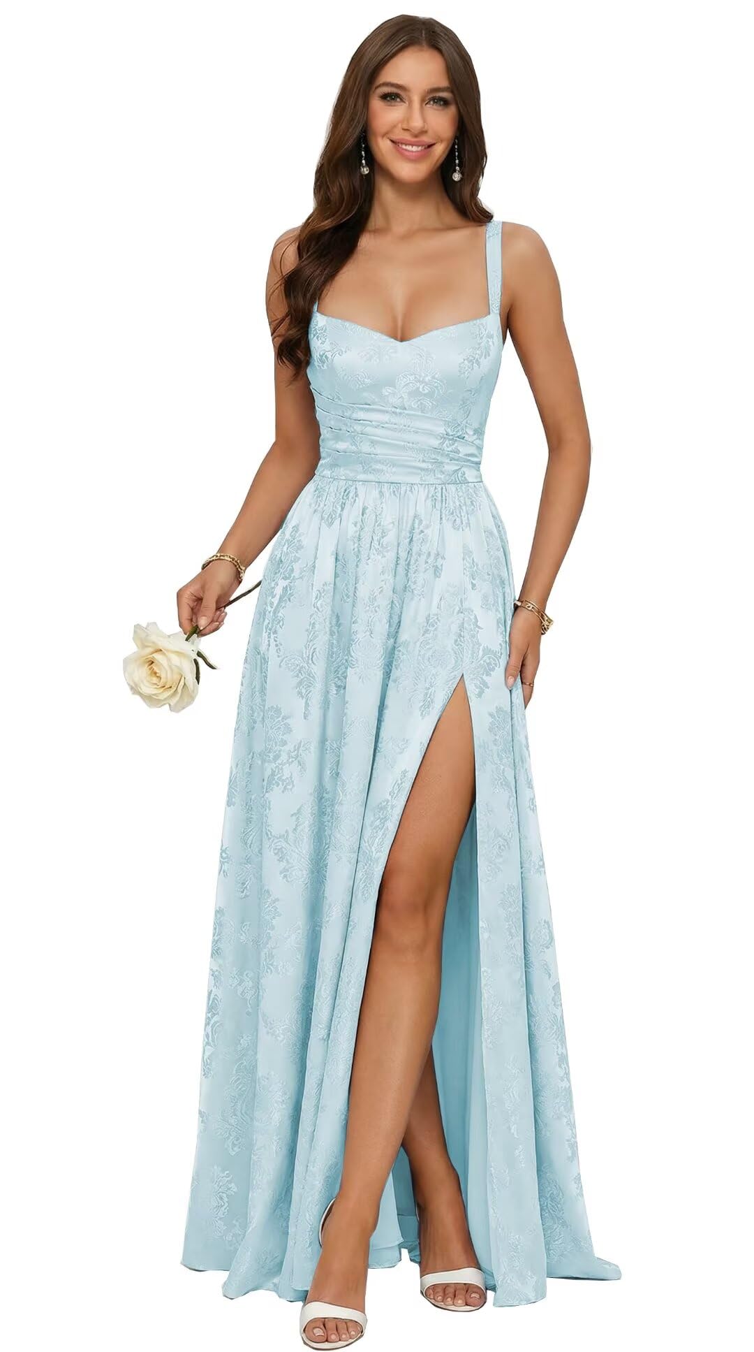Jacquard Satin Prom Dresses with Slit Spaghetti Straps A Line Maxi Long Formal Dress