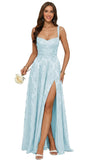 Jacquard Satin Prom Dresses with Slit Spaghetti Straps A Line Maxi Long Formal Dress
