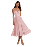 Floral Satin Midi Wedding Guest Dresses Pleated Tea Length Formal Evening Party Gowns