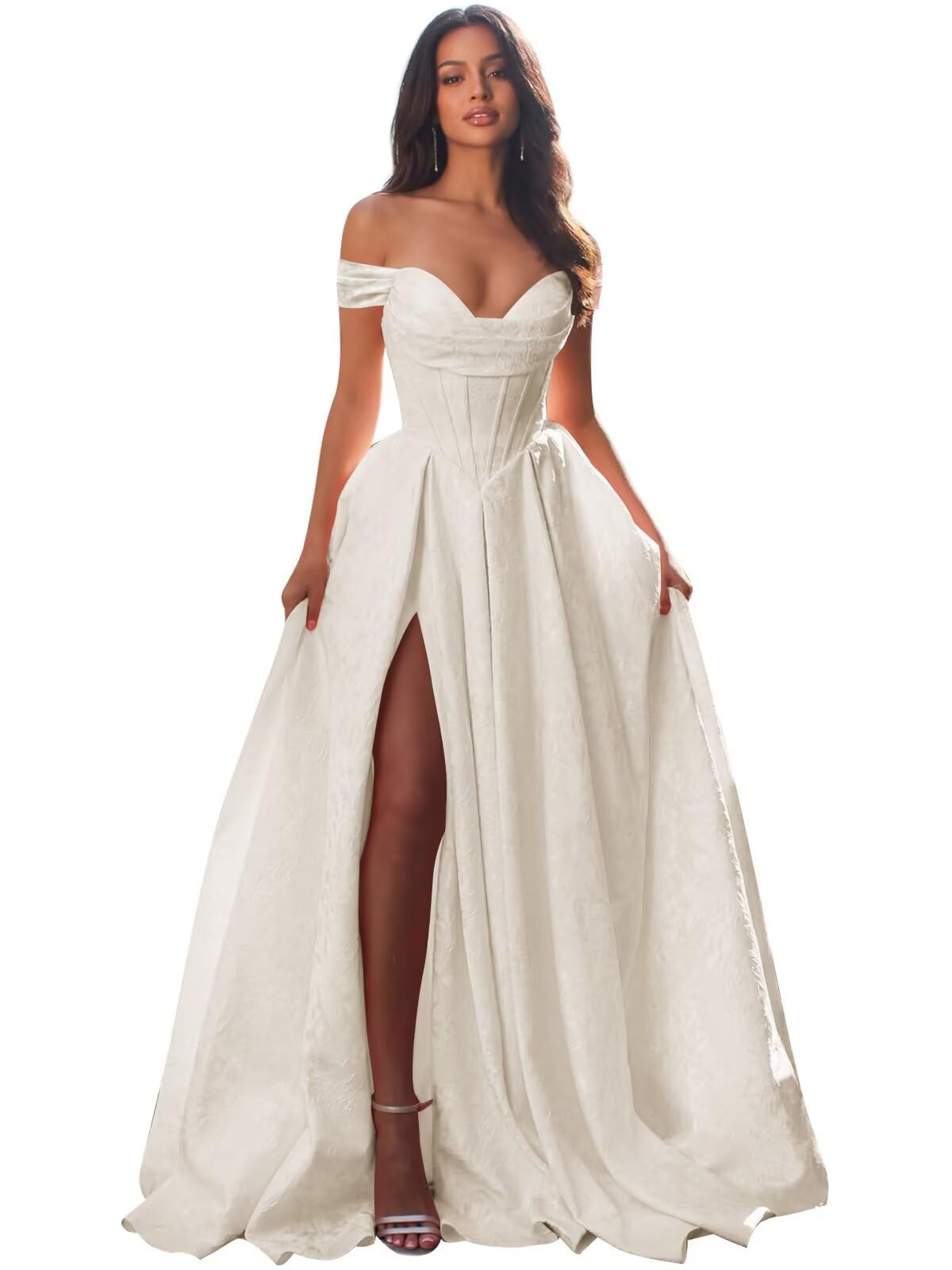 Jacquard Satin Prom Dresses Off the Shoulder Corset A Line Long Formal Gown Sweetheart Neck Party Dress with Slit