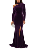 Mermaid Velvet Prom Dresses with Slit 2027 Long Sleeve Formal Dress for Women One Shoulder Evening Party Gowns