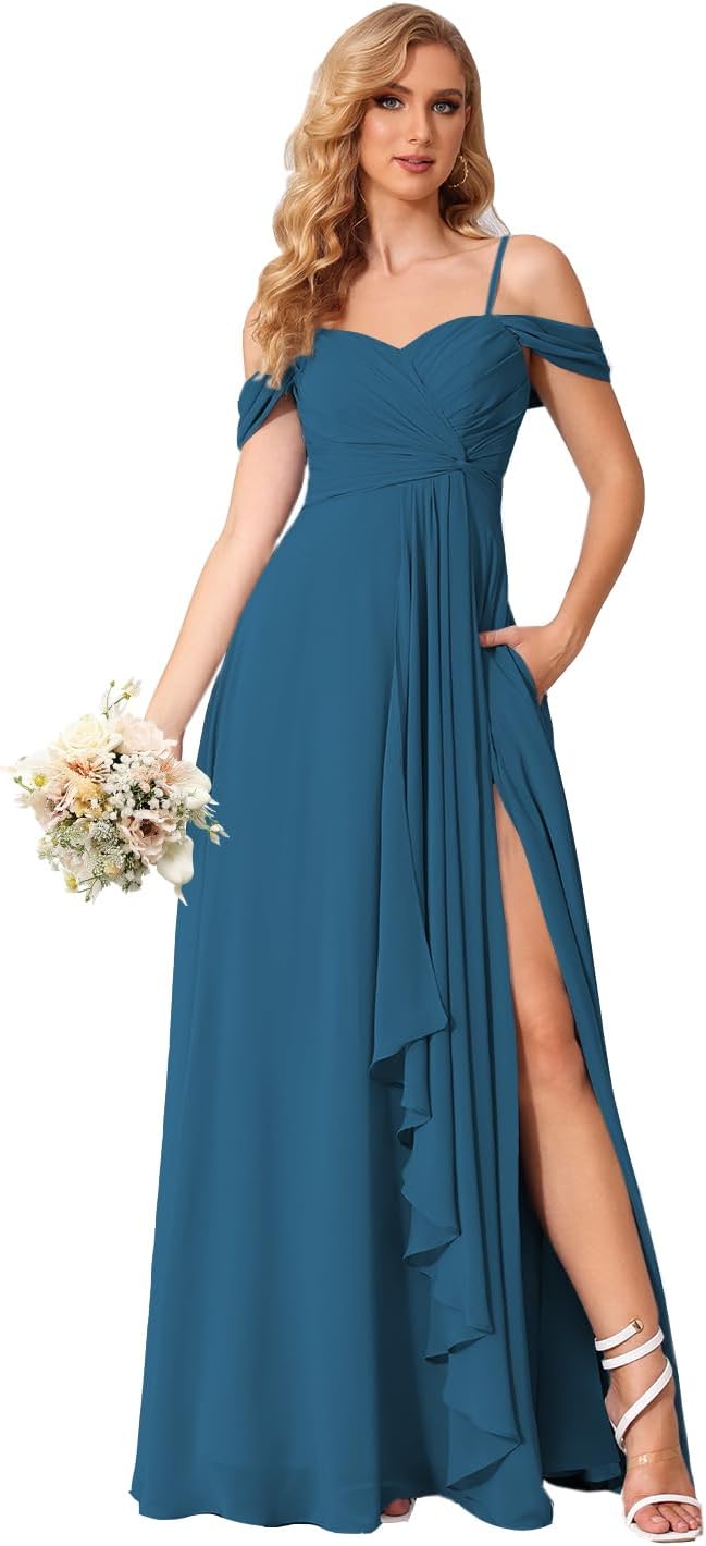 Damen Schulterfreies Brautjungfernkleid Lang mit Schlitz Chiffon Rüschen Falten Formales Partykleid 