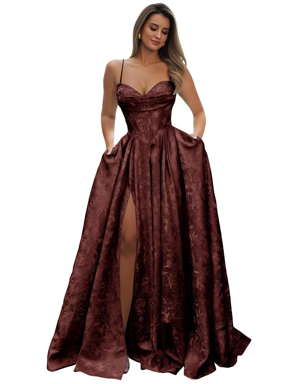 Satin Spaghetti Straps Prom Dresses for Women Jacquard Aline Backless Formal Evening Party Ball Gowns with Pockets
