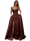 Satin Spaghetti Straps Prom Dresses for Women Jacquard Aline Backless Formal Evening Party Ball Gowns with Pockets