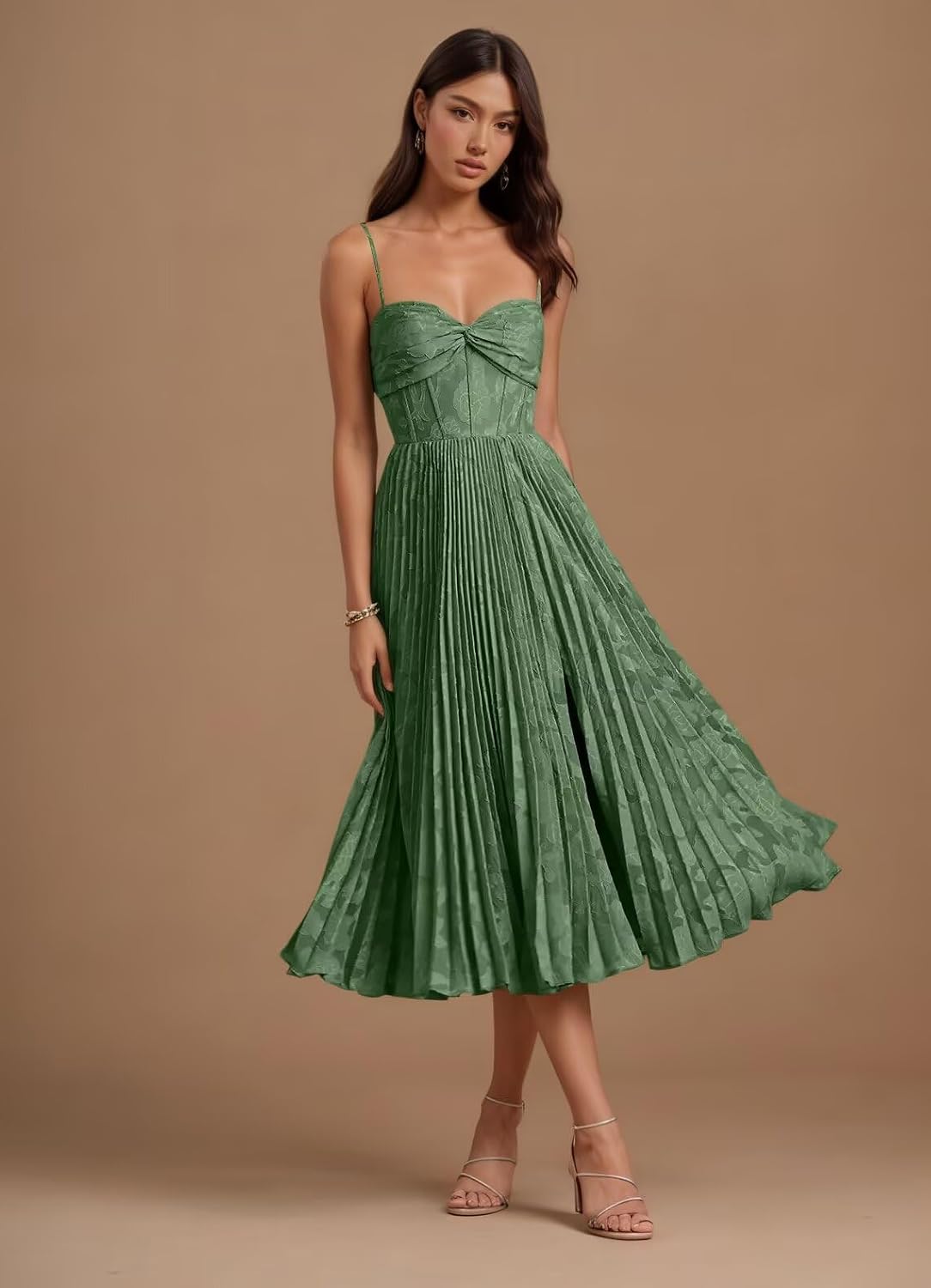 Floral Satin Midi Wedding Guest Dresses Pleated Tea Length Formal Evening Party Gowns