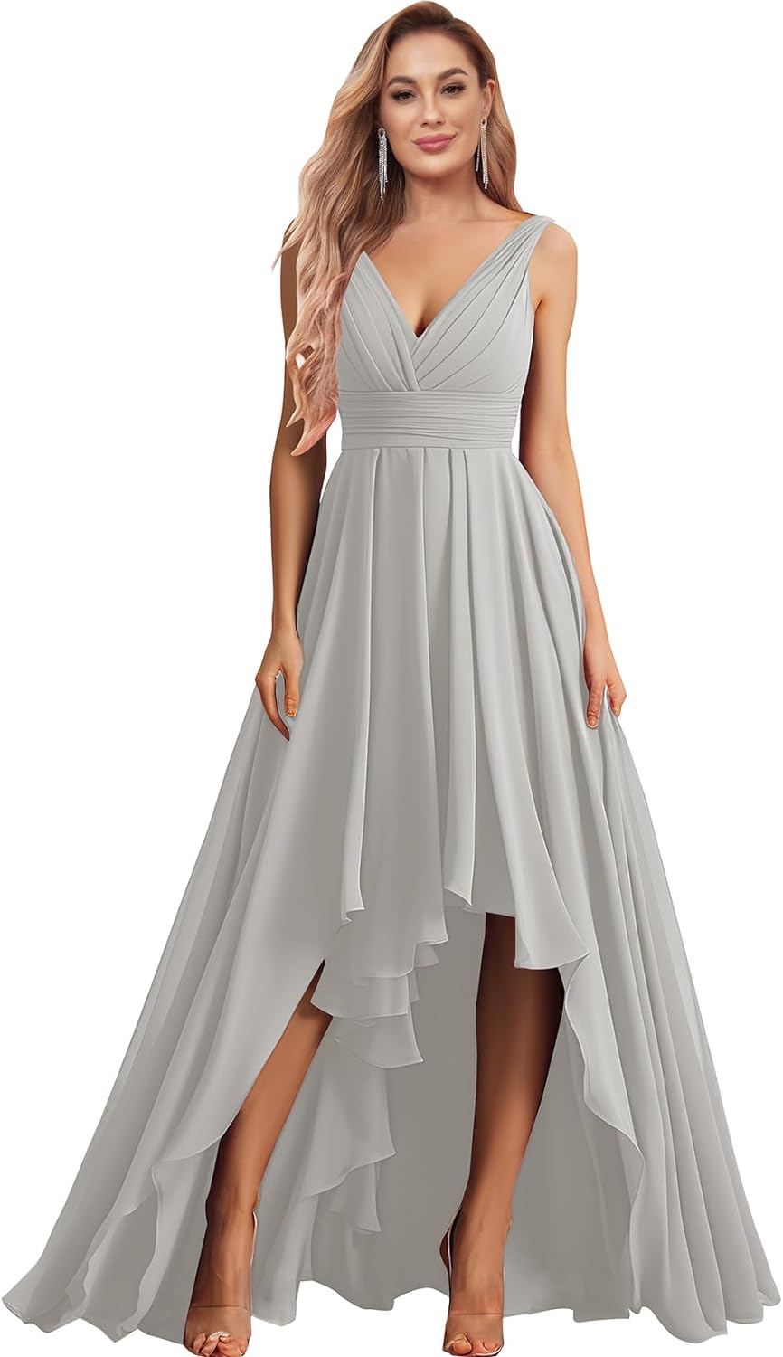 Vestidos de dama de honor con escote en V para mujer, para boda, con bolsillos, de gasa fruncida, largos, formales, para fiesta de graduación y noche.
