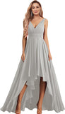 Vestidos de dama de honor con escote en V para mujer, para boda, con bolsillos, de gasa fruncida, largos, formales, para fiesta de graduación y noche.