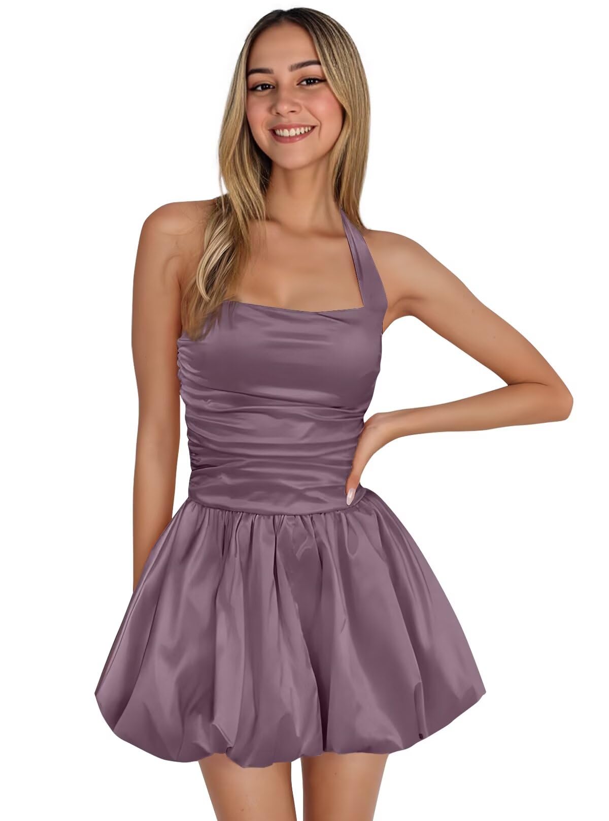Satin Halter Homecoming Dresses for Teens Short Prom Dress 2027 Flower Bud Ruched Formal Cocktail Gown with Pockets