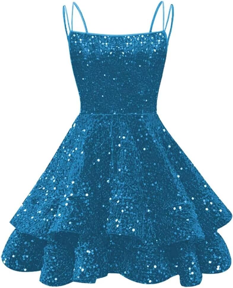 Spaghetti Straps Sequin Homecoming Dresses for Teens Sparkly Tiered Short Prom Dress 2026 Mini Cocktail Party Gown