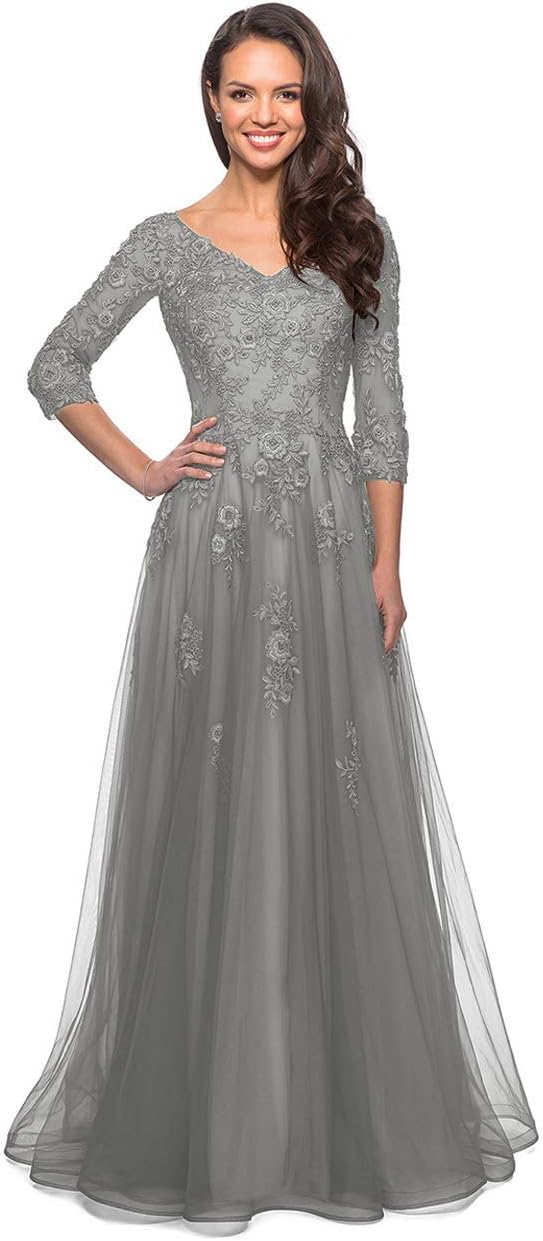 Women's Floral Lace Appliques 3/4 Sleeve Mother of The Bride Dresses Long V Neck Formal Dresses with Pockets