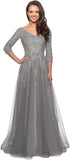 Women's Floral Lace Appliques 3/4 Sleeve Mother of The Bride Dresses Long V Neck Formal Dresses with Pockets