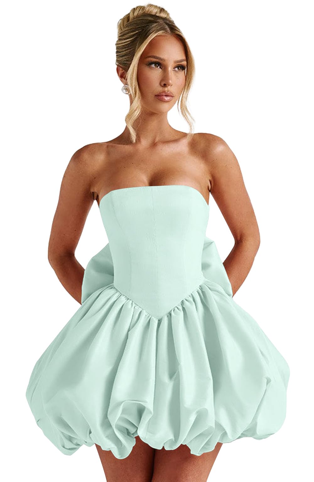 Satin Flower Bud Homecoming Dress Short Prom Dress with Bow Strapless A Line Mini Cocktail Party Gown