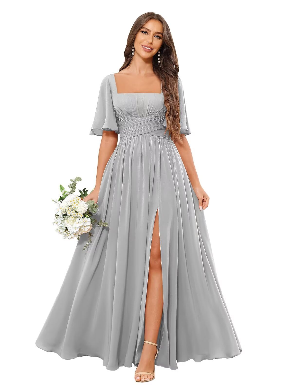 Square Neck Bridesmaid Dresses with Slit Pockets Flutter Sleeve Long Chiffon Formal Wedding Guest Dress