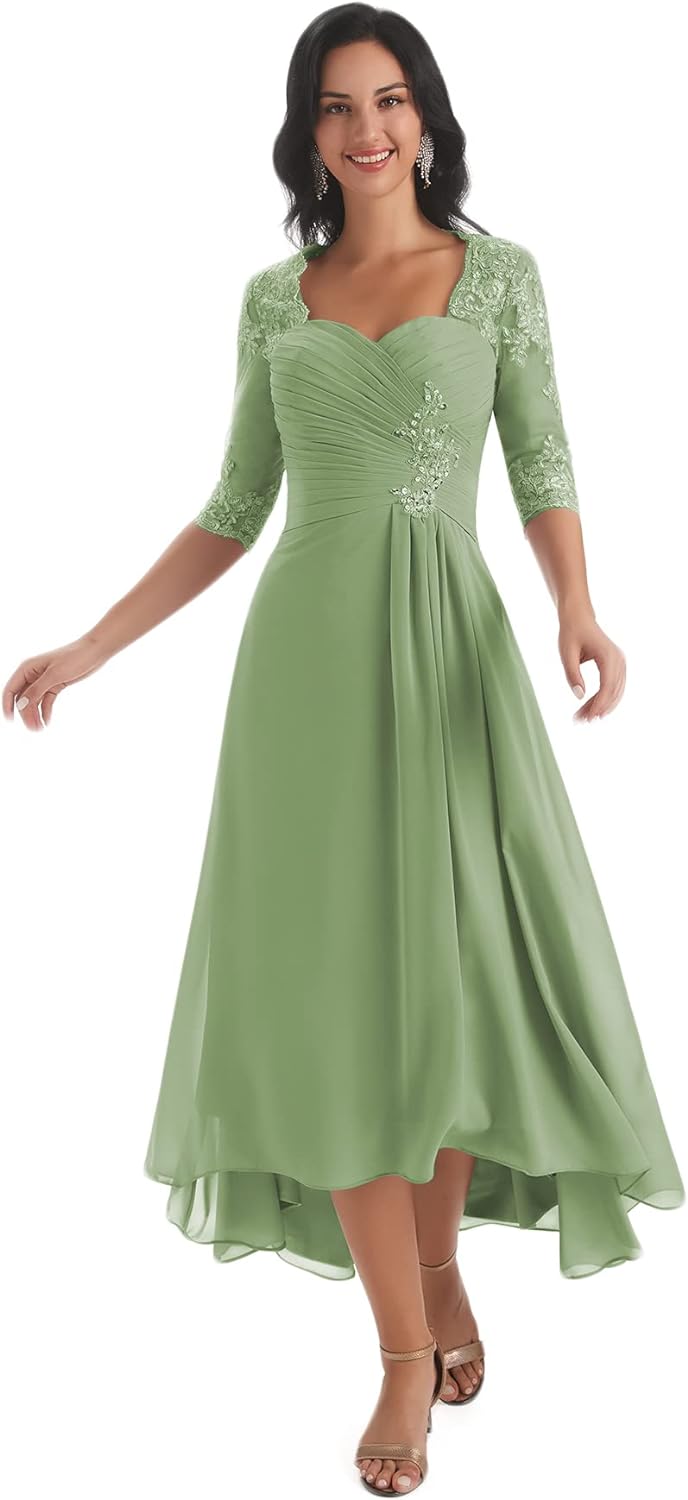 Women's Tea Length Mother of The Bride Dresses for Wedding Short Sleeves Lace Applique Formal Evening Prom Gowns