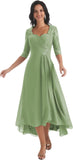 Women's Tea Length Mother of The Bride Dresses for Wedding Short Sleeves Lace Applique Formal Evening Prom Gowns
