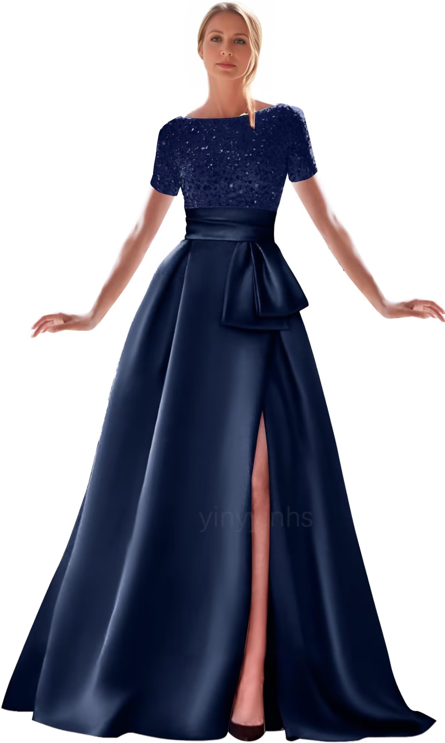 Kingbridal Gowns Short Sleeve Sequin Prom Dresses for Women 2026 Satin A-Line Sparkly Formal Evening Party Ball Gowns with Slit