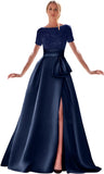 Kingbridal Gowns Short Sleeve Sequin Prom Dresses for Women 2026 Satin A-Line Sparkly Formal Evening Party Ball Gowns with Slit
