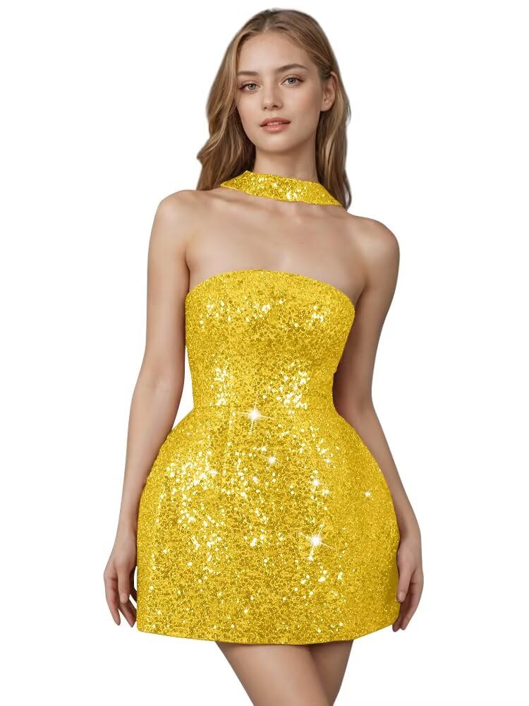 Strapless Sequin Homecoming Dresses for Teens Short Prom Dress Sparkly A-Line Cocktail Party Gowns with Pockets