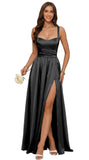 Jacquard Satin Prom Dresses with Slit Spaghetti Straps A Line Maxi Long Formal Dress