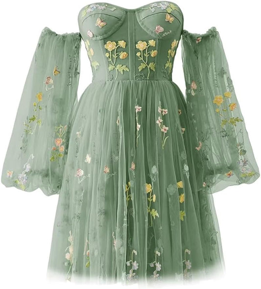 Vestidos de fiesta para mujer, cortos, con hombros descubiertos, bordados florales, de tul, formales, para fiesta de graduación 