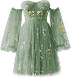 Vestidos de fiesta para mujer, cortos, con hombros descubiertos, bordados florales, de tul, formales, para fiesta de graduación 