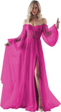Women's Puffy Long Sleeve Prom Dresses with Slit Off Shoulder Tulle Wedding Formal Evening Gowns