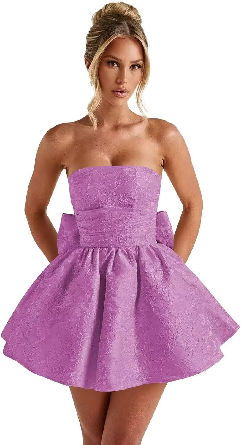 Strapless Satin Homecoming Dresses for Teens 2027 Jacquard A-line Short Prom Cocktail Gowns with Bow