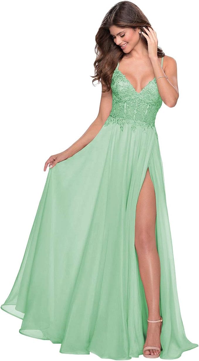 Women's Lace Appliqued Chiffon Prom Dresses Long with Slit Spaghetti Straps V Neck Formal Party Gowns