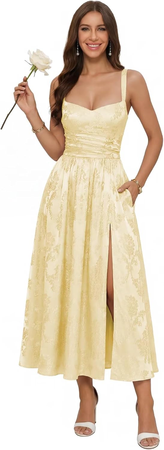 Jacquard Satin Bridesmaid Dresses for Women Spaghetti Straps A Line Tea Length Formal Dress