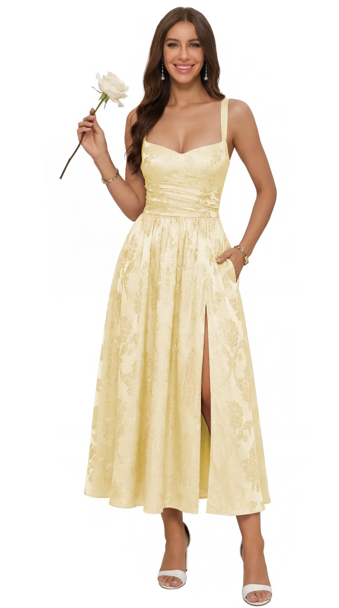 Jacquard Satin Bridesmaid Dresses for Women Spaghetti Straps A Line Tea Length Formal Evening Dress