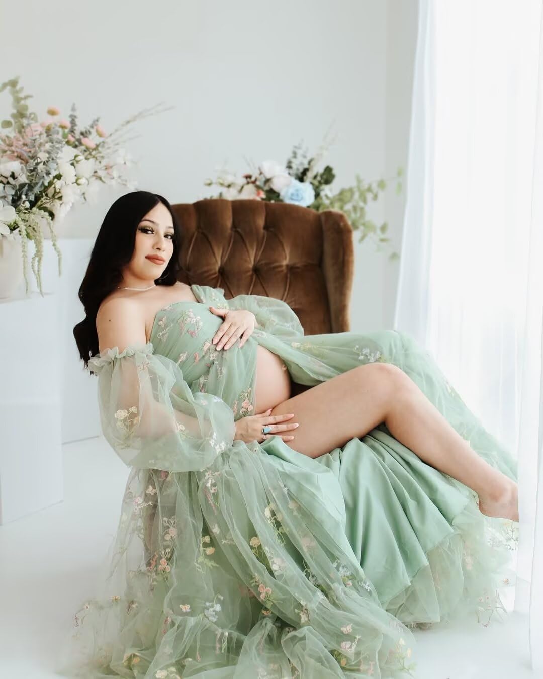 Flower Embroidery Tulle Maternity Dresses for Photoshoot Long Puffy Sleeve Off Shoulder Pregnancy Baby Shower Dress