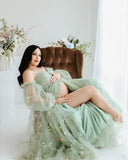 Flower Embroidery Tulle Maternity Dresses for Photoshoot Long Puffy Sleeve Off Shoulder Pregnancy Baby Shower Dress