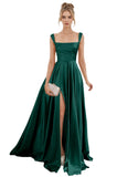 Spaghetti Straps Satin Bridesmaid Dresses for Women Long A-Line Square Neck Formal Evening Party Gown with Slit