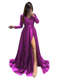 Long Sleeve Sequin Prom Dresses for Women 2027 Satin Formal Dress Sparkly Slit Evening Party Gown with Pocket
