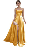 Women's Satin Prom Dresses with Slit Strapless A Line Corset Ball Gowns Spaghetti Straps Formal Evening Gowns with Pockets