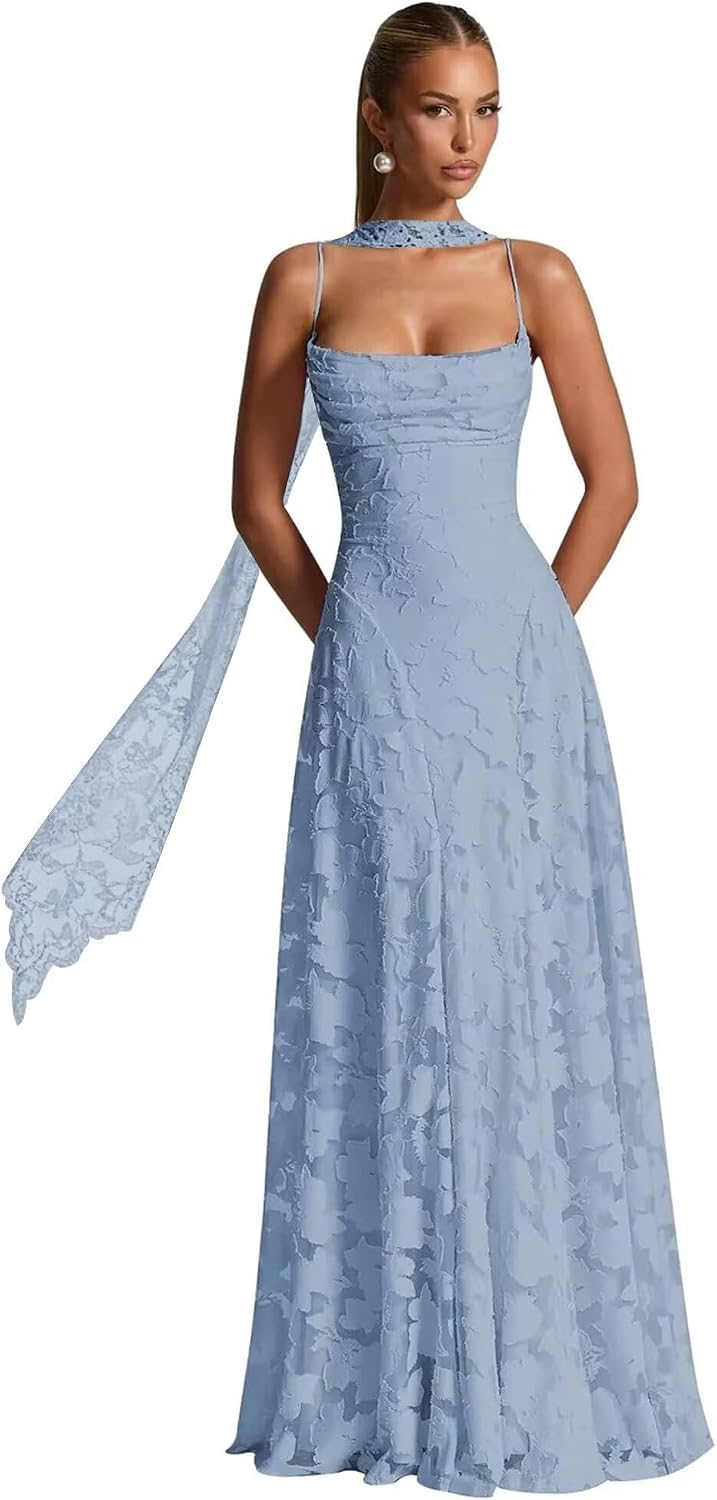 Floral Lace Bridesmaid Dresses for Women Long Spaghetti Straps Formal Evening Gowns with Scarf