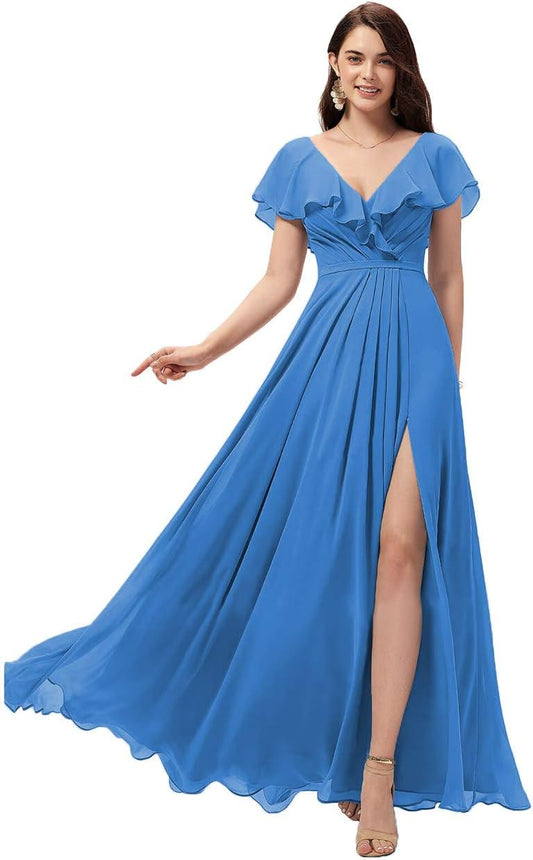 Vestidos de dama de honor largos con escote en V y volantes de gasa para mujer, vestidos de noche formales