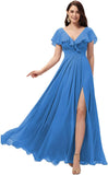Vestidos de dama de honor largos con escote en V y volantes de gasa para mujer, vestidos de noche formales