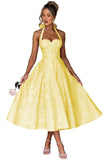 Jacquard Satin Prom Dresses for Women Vintage A-Line Midi Halter Sweetheart Formal Evening Party Gowns with Pockets