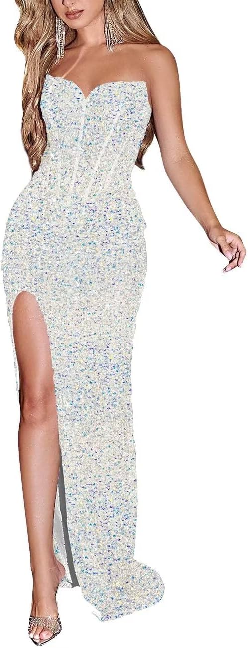 Sparkly Sequin Prom Dresses for Women 2025 Long Mermaid Strapless Glitter Formal Evening Prom Ball Gown with Slit