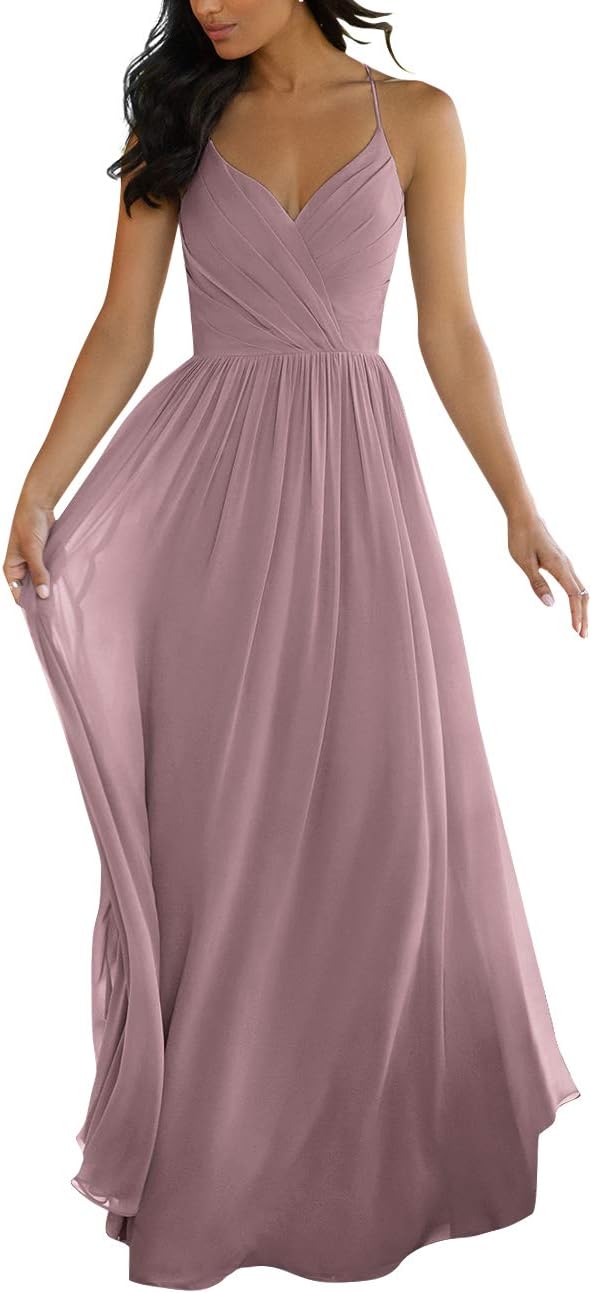 V Neck Bridesmaid Dresses for Women 2025 Long Chiffon Pleated A-line Spaghetti Strap Wedding Evening Prom Gown