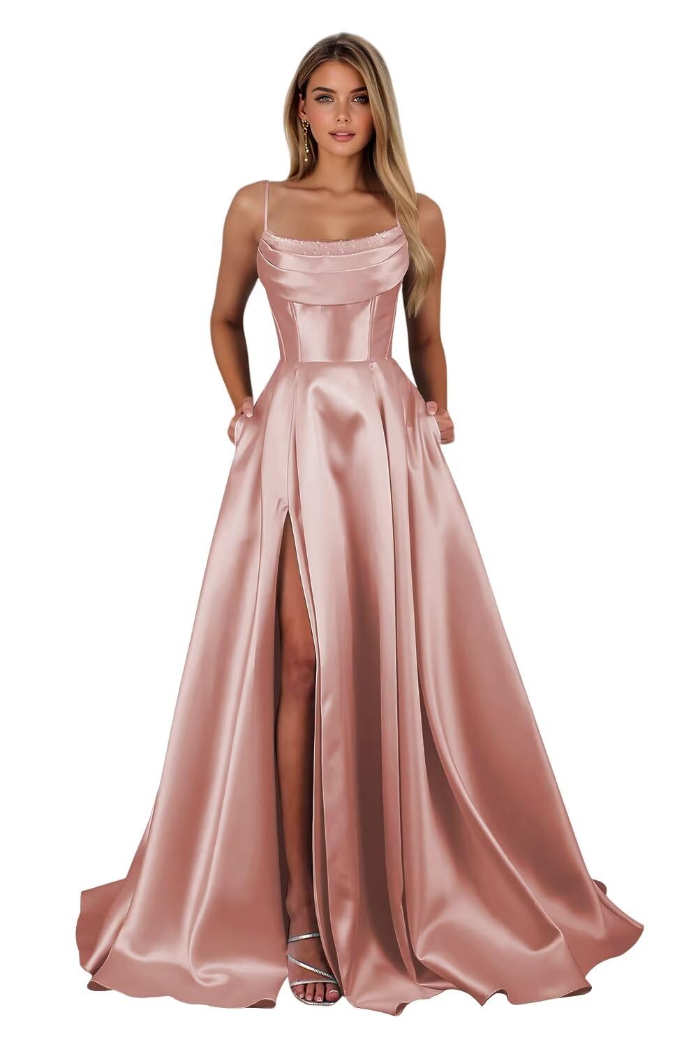 Satin Prom Dresses for Teens Long A-Line Cowl Neck Formal Evening Gown with Slit 2026 Maxi Ball Gowns